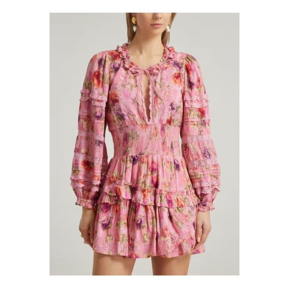 New! LoveShackFancy Pink Floral Ruffle Mini Dress - Picture 4 of 16